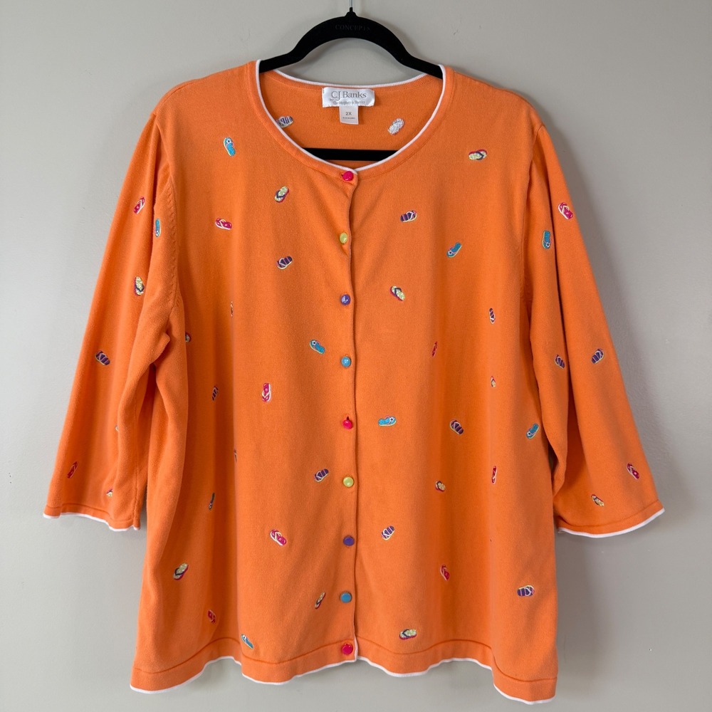 CJ Banks Orange Flip Flop Embroidered Cardigan Womens 2X Summer Beach Novelty
